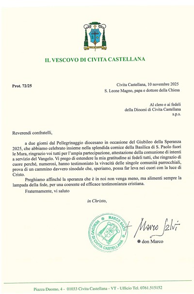 Lettera del Vescovo - Giubileo della Speranza 2025